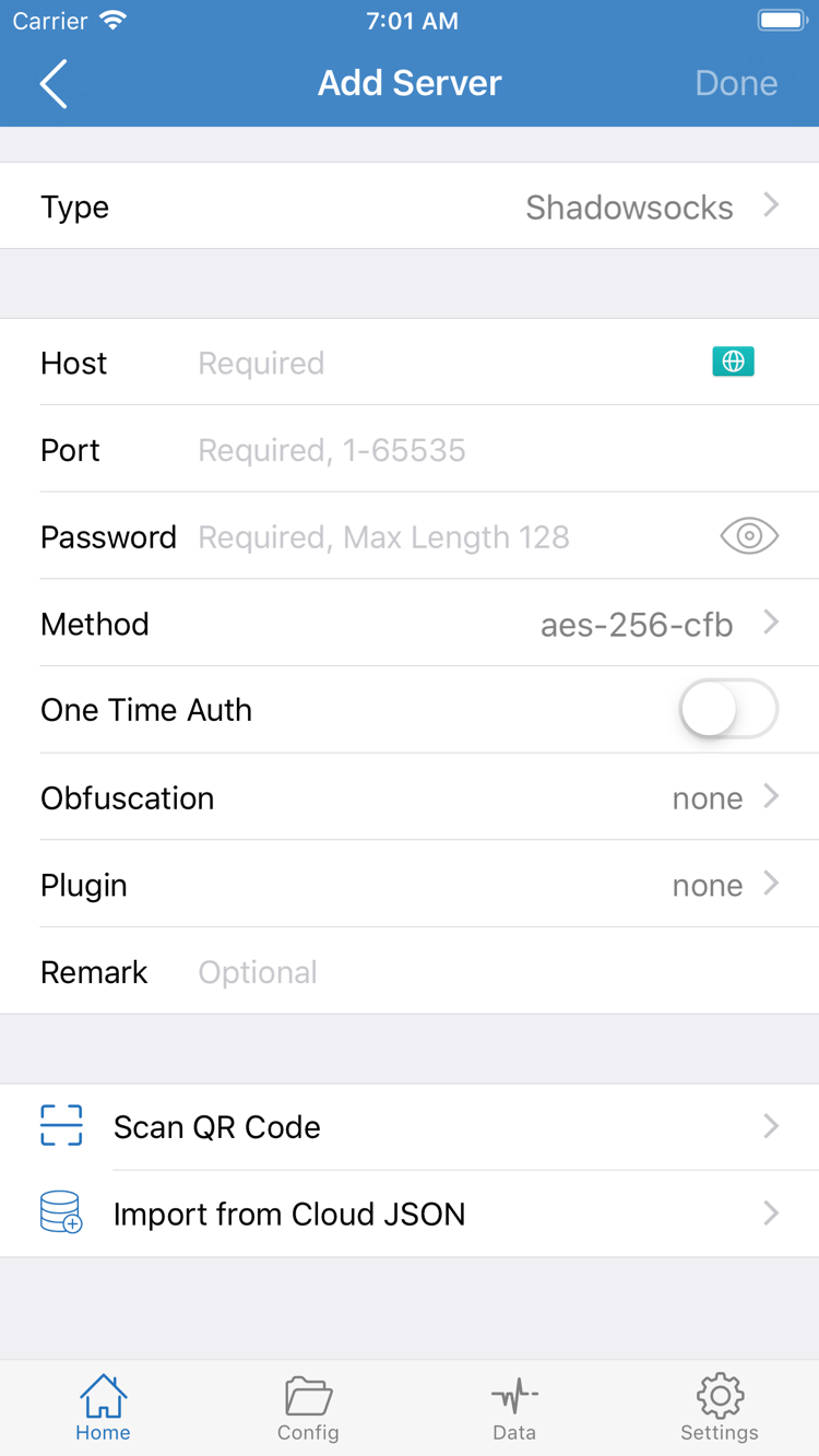 ShadowrocketのAdd Server画面。Type、Host、Port、Password、Method、Scan QR Code、Import from Cloud JSONを表示