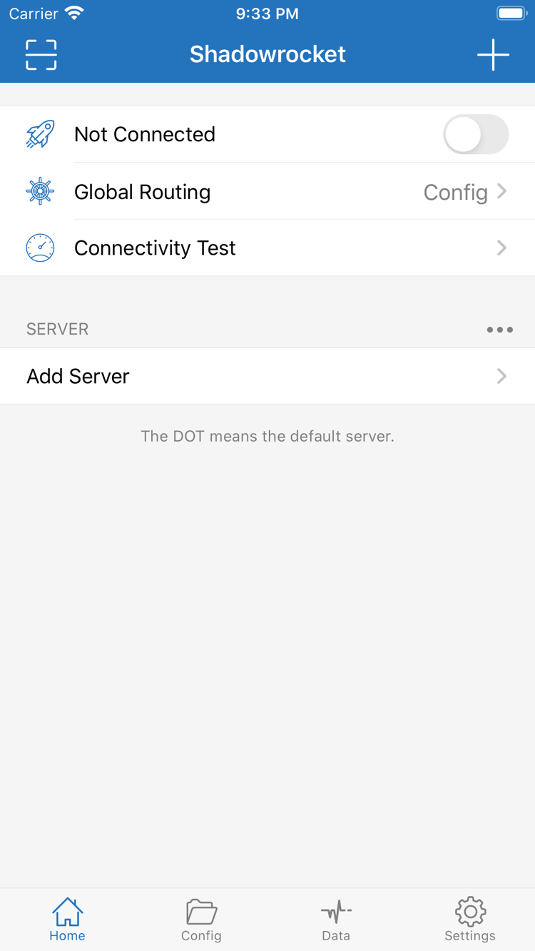 Shadowrocket公式Home画面：接続スイッチ、Global Routing、Add Server