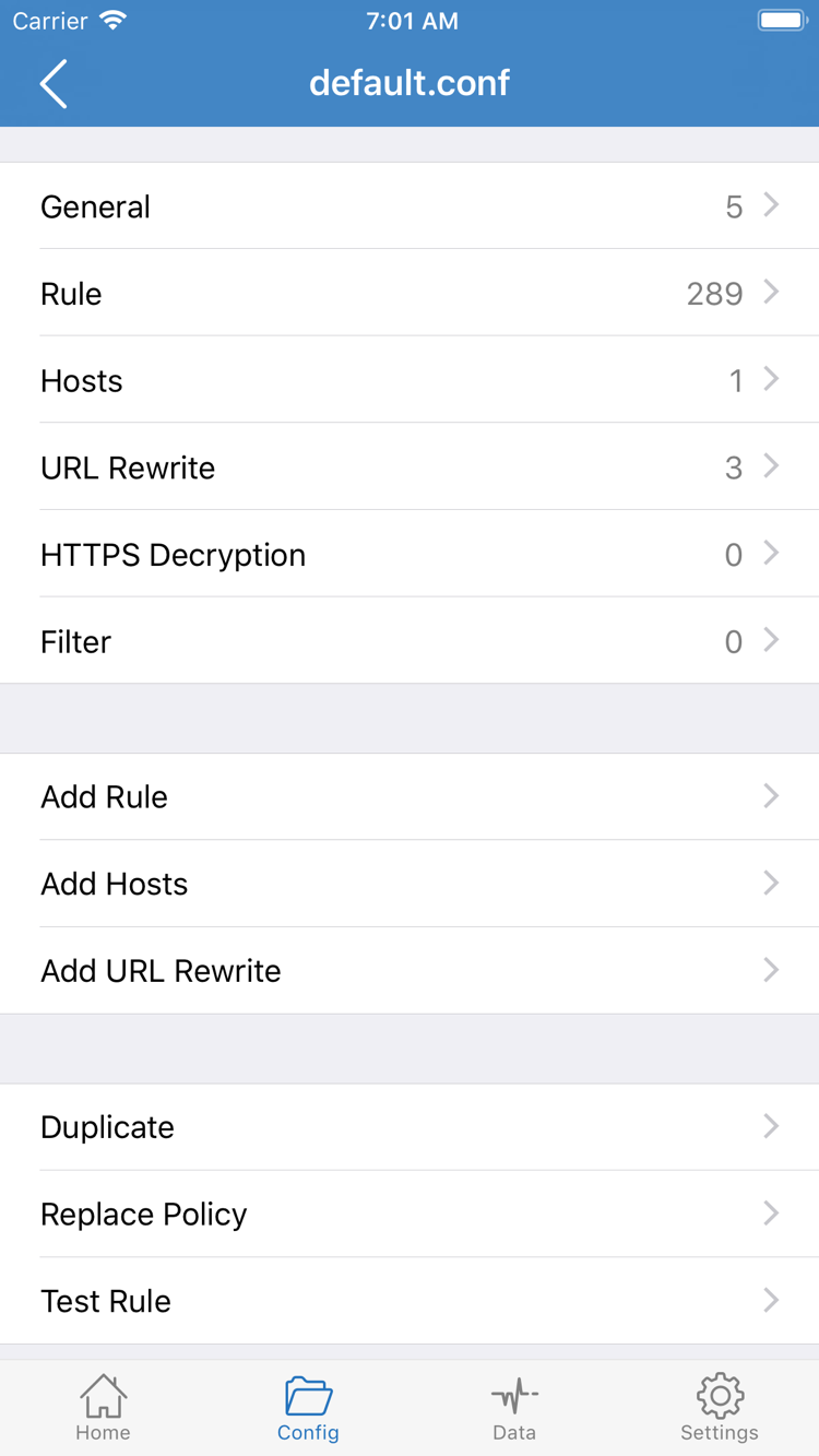 ShadowrocketのConfig設定編集画面。General、Rule、Hosts、URL Rewrite、HTTPS Decryption、Add Ruleを表示